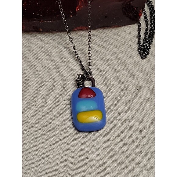Modernist Modern Art Glass Pendant Charm Necklace Eclectic 30" Gunmetal Chain - Picture 4 of 8